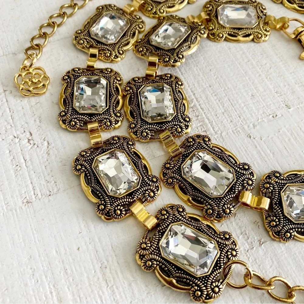 Gold Crystal Concho Chain Waist Statement Belt Formal wedding Bridal party event